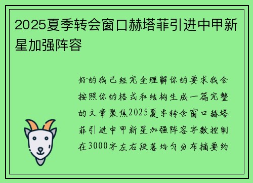 2025夏季转会窗口赫塔菲引进中甲新星加强阵容