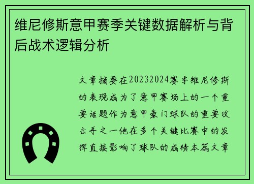 维尼修斯意甲赛季关键数据解析与背后战术逻辑分析
