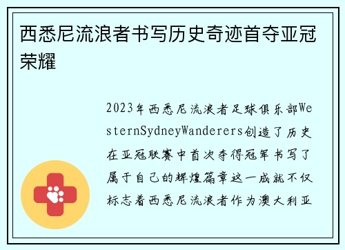 西悉尼流浪者书写历史奇迹首夺亚冠荣耀